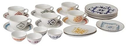 Karaca Anatolian 26-Piece Serveware Set for 6 People, Side Plates, Small & Large Serving Platters, Tea Cups, Saucers, Small Bowls, Multi