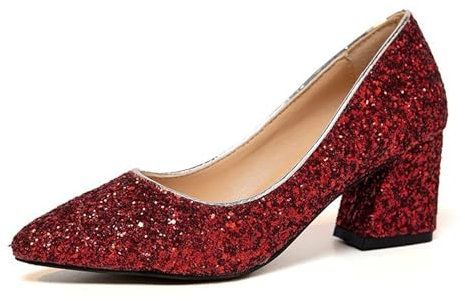 Glitter Pumps Pointed Toe Shoe Chunky Heels Pumps with Block Heel 6.5 cm Wedding Party Dress Shoes, red, 6 UK