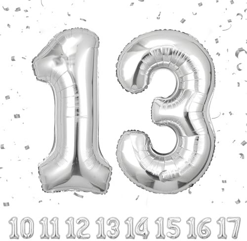 Geburtstag zahlen luftballon 13 jahre | Folienballon Sliber- Folienballon in 40-101cm Geburtstagsdeko - Ballon Zahl Deko zum Geburtstag fliegt mit Helium für Mädchen Junge 13.Geburtstags