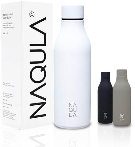 NAQULA® Thermosflasche Edelstahl 500ml. BPA Frei. Auslaufsicher. Modern. Stilvolle Trinkflasche. Minimalistische Wasserflasche. Geeignete Flasche für Büro, Sport, Schule. Weiss (pure white).
