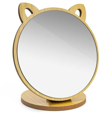 LWLWA Petit Miroir sur Pied Forme d'oreille Chat, Réglable Miroir Chambre, Miroir Maquillage Base Bois Massif Épaissi Haute Résolution, pour Chambre Coucher, Salon, Coiffeuse