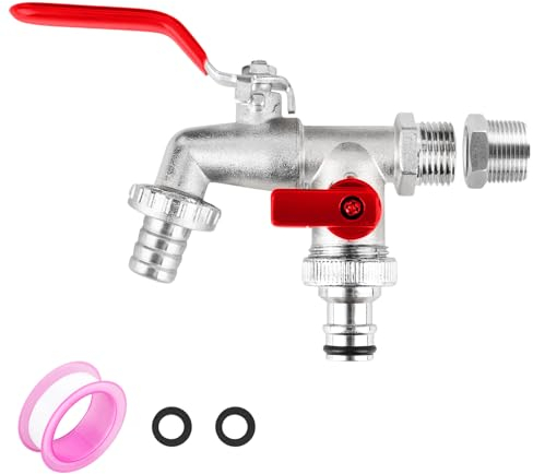 DMJSD - Doppio rubinetto da giardino in ottone da 1/2 inc. e [+ adattatore da 3/4 di pollice] valvola a sfera rubinetto tubo raccordo a doppia uscita rubinetto da giardino kit rubinetto esterno per