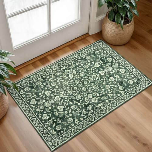 SILOLOOM Vintage Entryway rug Indoor, Forest Green Washable, Floral Print, Thin Faux Wool Super Soft Door Mat for Kitchen, Entrance, Bedroom, Office