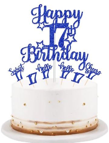 bng-bng 17th Birthday Cake Topper Boy Blue Glittery Happy 17th Birthday Cake Cupcake Toppers For Boys 17 Seventeen Years Old Birthday Party Supplies Decorations