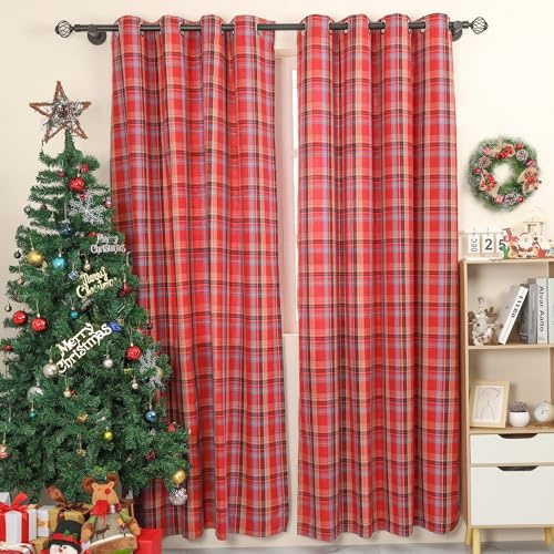 Bentrilisa Schottische karierte Vorhänge, extra lang, Bauernhaus, rustikale Fensterbehandlungen, rotes Retro-Gingham-Karo-Design, halbverdunkelnd, Weihnachts-Fenstervorhänge, Ösen, 2 Paneele
