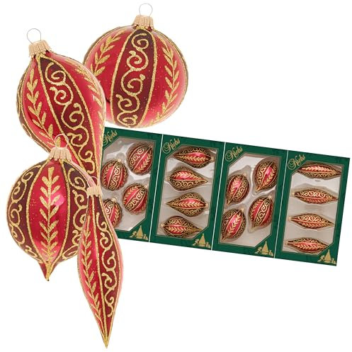 Krebs Glas Lauscha - Weihnachtsdekoration/Christbaumschmuck aus Glas - 4er Boxset je 4 Weihnachtsbaumanhänger - Motiv: Bordeaux Blätter und Wirbel - Größe: ca. 10 cm