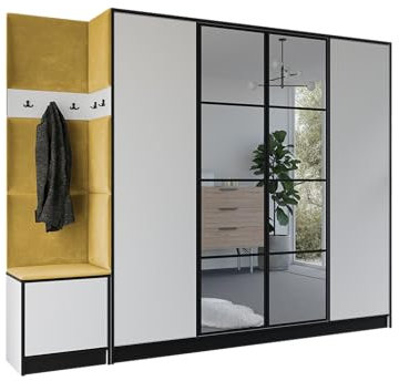 KIER FURNITURE Flurgarderobe Modern - Garderobenschrank mit Sitzbank, Haken und Schuhschrank - Flur Möbel Geräumig und Stilvoll - BxHxT 259,6x205x39cm - Weiß & Gelb