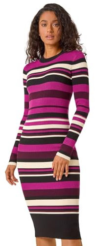 Roman Striped High Neck Knit Bodycon Midi Dress for Women UK - Ladies Autumn Everyday Winter Holiday Long Sleeve Soft Woven Fabric Comfy Office Frock Desk Gowns - Wine - Size 14
