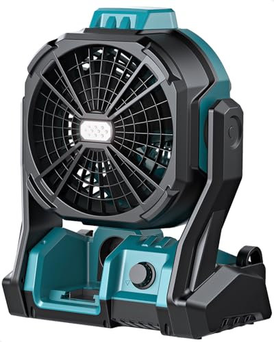 DeForce Battery Operated Fan, for Makita 18V Max Battery, Camping Fan Cordless, Option for Corded, with LED Lights, Variable Speed, Hook for Hanging, for Jobsite, Blue(Battery Not Included)