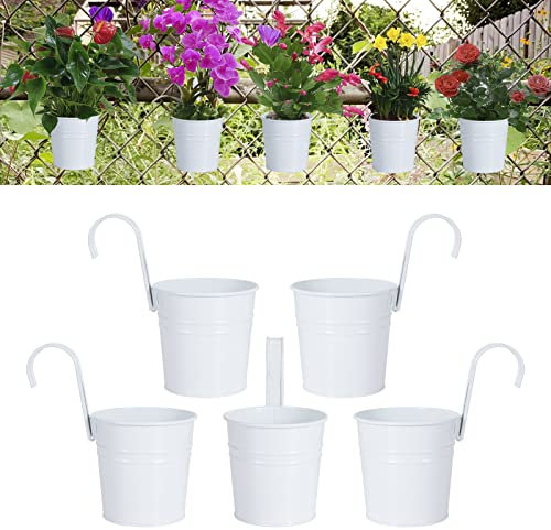Pots de Fleurs Suspendus en Métal avec Trou de Drainage, 5 Pièces Porte Plante Vase avec Crochet Détachable, Décoration Porte-Fleurs pour Jardinières, Balcon, Clôture, Patio
