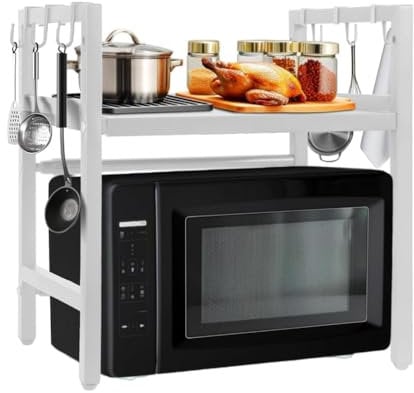 Pantanal Expandable 2 Tiers Microwave Oven Shelf, Metal Adjustable Metal Kitchen Spice Racks Freestanding Countertop Unit Storage Stand Home Office Desktop Printer Stand (2 tier white)