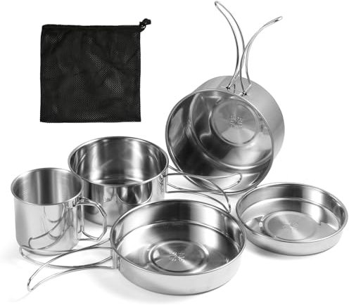 FHISKUNYU Juego de ollas de Camping en Acero Inoxidable 304-5 Piezas Plegables (900ml + 600ml), diseño Ligero y Compacto - Ideal para Senderismo, Trekking y hornillos portátiles