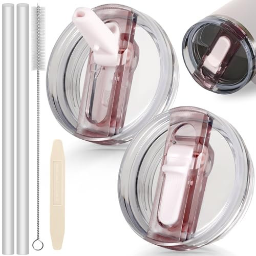 ANTAND 40oz Flip Straw Leak Proof Lid for Stanley Cup Accessories, 2 Pack No Spill Lid Replacement 40 oz Tumbler Detachable Cover Topper for Stanley Protour Lids(Quartz,Quartz)