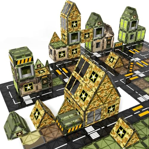 Army Toys Magnetic Tiles, Military Building Blocks Set for Kids Ages 3+ | STEM Magnet Military Toys for Kids Ages 3-5 4-8, Army Men Military Base Building Play for Boys Christmas Birthday Gifts