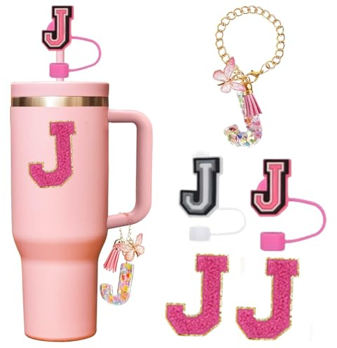 5 Pcs Reusable Straw Cover for Stanley Cup Accessories,Include 2 Pcs Dustproof Straw Covers, 1 Pcs Dustproof Straw Covers with Letter Charms and 2 Pcs Personalized Name Stickers(J)