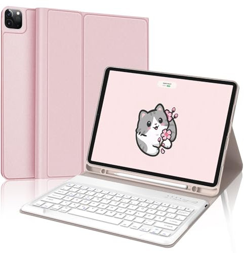 SENGBIRCH Tastatur Hülle für iPad Pro 12.9 Zoll 6/5/4/3 Generation, Magnetisch abnehmbar mit Deutsches QWERTZ Layout Keyboard, Soft TPU und Leder hülle, Hellrosa
