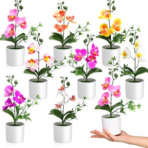 Thiccywoov Künstliche Orchideen, Mini-Orchideen, künstliche Orchideen mit Kunststoffvase für Tisch, Zuhause, Büro, Hochzeit, Schreibtisch-Dekoration, 8 Stück (8 Farben)