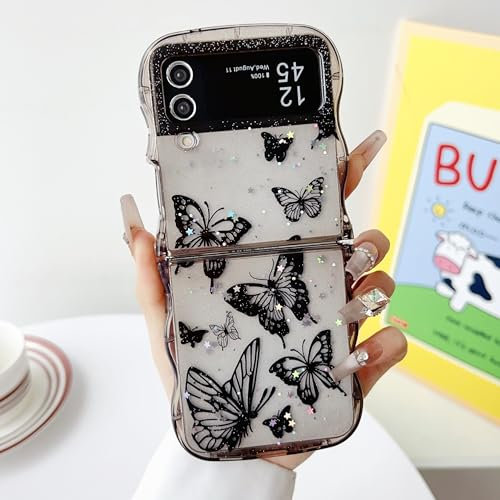 UEEBAI Wave Butterfly Case for Samsung Galaxy Z Flip 3/Z Flip 4 5G Case, Pretty Bling Star Butterfly Cute Shiny Glitter Phone Cover for Girls Bling Clear Cover Curly Shockproof Girly - Black