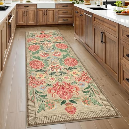 GarveeHome Floral 2x6 Washable Kitchen Runner Rugs Non Slip Camel Taupe Brown Vintage Boho Cottage Long Rug for Hallways Bedroom Entryway Bathroom Mat with Rubber Back