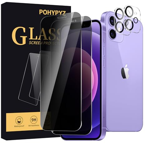 POHYPYZ Lot de 2+2,Verre Trempé Anti-Espion pour iPhone 12，2 Pièces Film de Confidentialité Protection en Écran+2 Pièces Protection d'Objectif de Caméra，[Dureté 9H ][Compatible Coque]