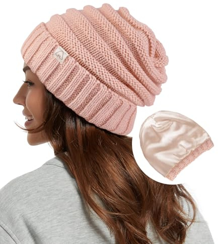 Hat Hut Damen-Wintermütze mit Satinfutter, Slouchy Beanie für Haare, Warme Strickmütze mit Seidenfutter, weich Beanie Wollmütze (DE/NL/SE/PL, Alphanumerisch, Einheitsgröße, Rosa)