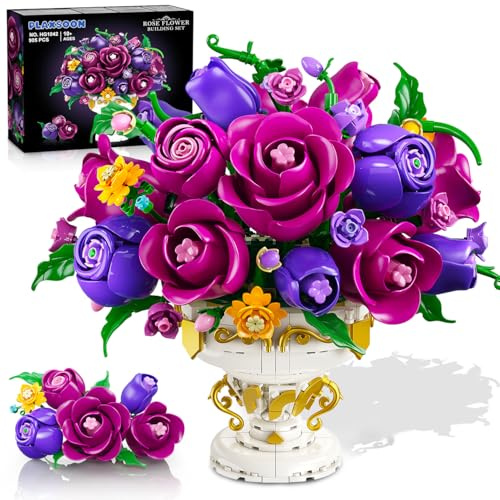 PLAXSOON Kit de construction florale rose violette avec vase, fleurs, bloc de construction botanique, jouet plantes, décoration de bureau à domicile, collection florale, Saint-Valentin, fête des mères
