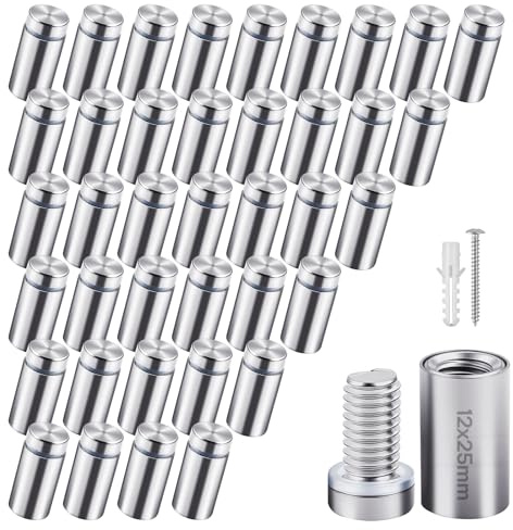 TIHOOK 40 STK 12 x 25 mm Edelstahl Werbeschraube, Wand Abstandshalter | Schrauben Halter für Werbung, Nägel Glas Standoff Halter mit Schrauben und Gummistopfen für Schilder Displays