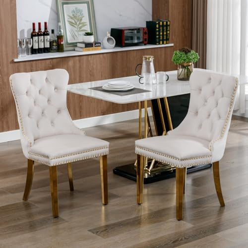 Esszimmerstuhl Set aus Samt mit Edelstahlbeinen und Ziernägeln, gepolstert mit hoher Rückenlehne und Schaumstofffüllung, französischer Stil, modern für Wohnzimmer & Küche, 2er-Set (Beige+Gold)