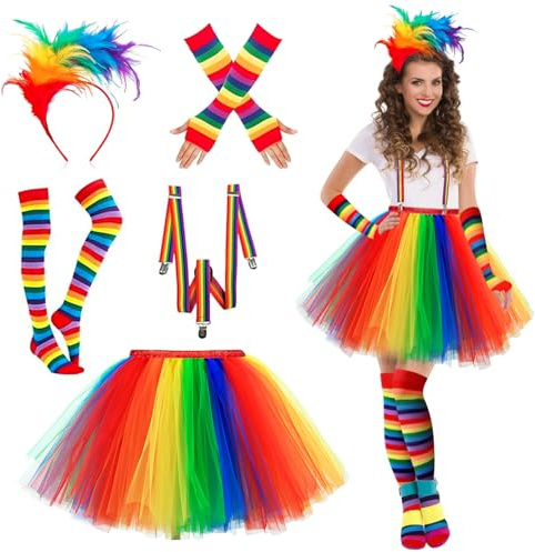 DUOLAM Karneval Regenbogen Damen Kostüm: 5 Stück Tüllrock Set Hosenträger, Kniestrümpfe Bunt,Fingerlose Handschuhe, Bunte Feder-Haarbänder, Tütü 50er jahre Outfit Halloween Ballett Tanzkleid