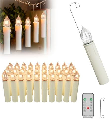 XMTECH LED Christbaumkerzen Kabellos – LED Kerzen 30er Set mit 30 Haken + 10 grünen Clips, Fernbedienung & Timer, Ohne Batterien, Warmweiß – LED Weihnachtskerzen für Weihnachtsbaum