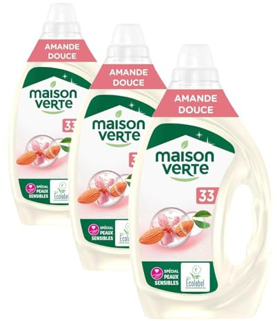 Maison Verte - Lessive Liquide - Parfum aux Huiles Essentielles - Lessive Détachante - Amande Douce - Spécial Peaux Sensibles - Efficace dès 20°C - 5 Enzymes Actives d'Origine Naturelle - 33 Lavages