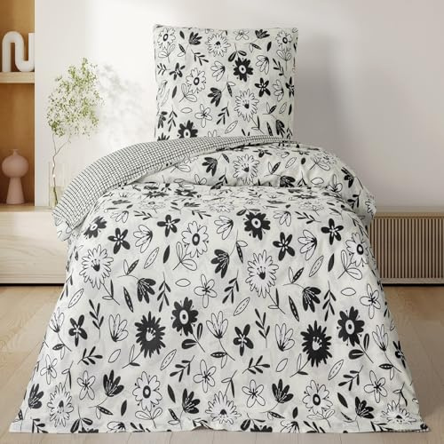 Leonado Vicenti Bettwäsche Set Renforce Baumwolle 135x200 cm Blumen Design Wendeseite Kariert Grau Schwarz Weiß Weich Atmungsaktiv Reißverschluss