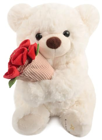 Aurihxus Ours en peluche douce, avec rose et chapeau, 30 cm, cadeau de Saint-Valentin, beige