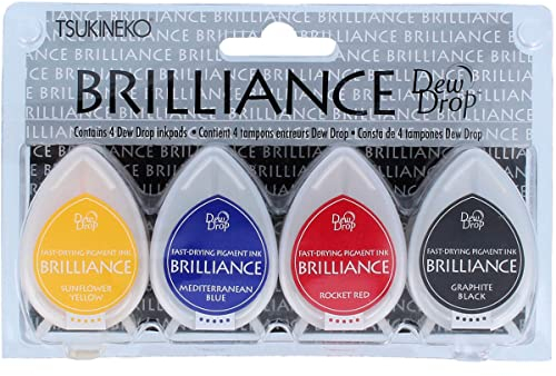 Tsukineko Brilliance Dew Drop Stempelkissen 4 - Mehrere Farben, Basics - Klein - Beständig Gegen Ausbleichen, Deckend, Wasserbeständig