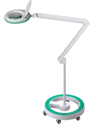 Lumeno LED Lupenleuchte 7218GN Lupenlampe mit 127 mm Echtglaslinse, Arbeitsplatzlampe, Kosmetiklampe, geeignet für Kosmetik, Bastler, Lesehilfe Vergrößerungslampe, 8 Dioptrien Grün mit Rollstativ