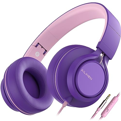 Ailihen C8 Headphones Wired with Microphone Foldable and Adjustable On-Ear Headsets Volume Control HD Stereo Sound 3.5mm Jack for Chromebook, Laptop, Smartphone, Study, Office, Travel (Purple Pink)