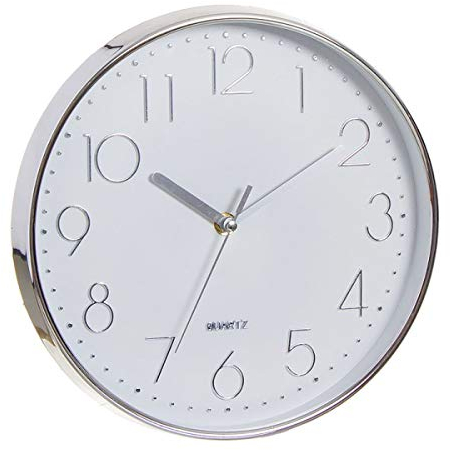 Reloj de pared redondo, color cromo/blanco, 30 cm