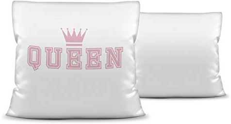 PR Print Royal Deko-Kissen - Queen mit Krone - für Pärchen und Verliebte/Geschenk-Idee/Liebling/Hochzeit/Paar/40x40/ Polyester Weiß (flauschig) inkl. Füllung