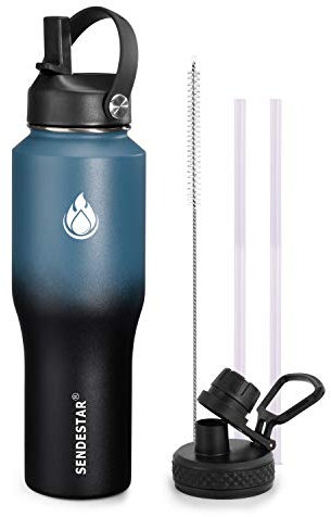 SENDESTAR Water Bottle 32oz,2 Lids(Straw lid),Wide Mouth Stainless Steel Vacuum Insulated Double Wall Keep Liquids Cold or Hot All Day,Sweat Proof Sport Design,Fit Car Cup Holder(Dark blue&Balck)