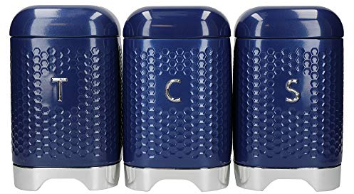 KitchenCraft Lovello Storage Canisters for Tea Coffee and Sugar in Gift Box, Textured Hexagonal Finish, Steel, Midnight Navy