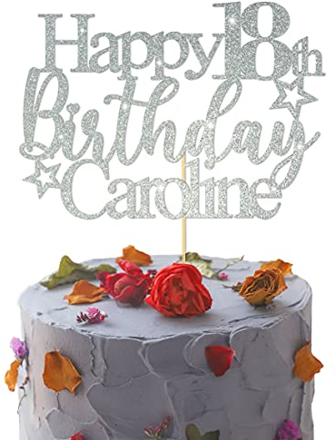 GuteGifts Personalised Happy Birthday Cake Topper | Custom Party Decoration with Any Name Age | Multicolour Glitter Cake Topper 13th 16th 18th 21st 30th 50th 60th 80th Handmade in UK (Silver)