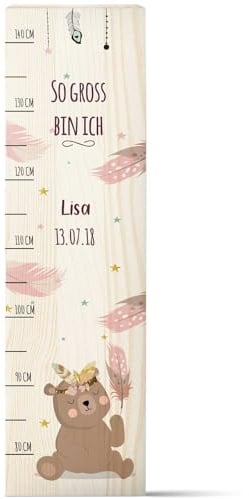 GRAVURZEILE Messlatte für Kinder aus Holz - Teddy Rosa Design - mit Namen für Kinderzimmer - Skala misst 80-140 cm - Größe 20 x 70 x 2 cm - Geschenk zur Geburt für Mädchen & Jungen