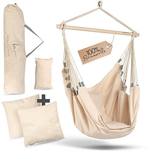 BELLAMATILDA Hängesessel 100% Baumwolle, extra lang und 3 Kissen, Hängesessel Outdoor & Indoor, XXL-Hängesitz für Erwachsene & Kinder bis 150 kg, Garten, Wohnzimmer, Balkon, hellgrau (Elfenbeinbeige)