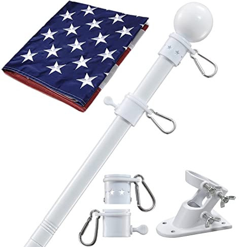 Hausflaggenmast mit amerikanischer Flagge – Fahnenmasten Wohnset mit 1.8 m verhedderungsfreiem Metall-Fahnenmast, 7.6x12.7 cm bestickte US-Flagge, Halterung, Veranda, Outdoor-Weiß