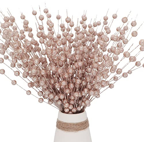 10 decorazioni natalizie artificiali a base di bacche, 40 cm, artificiali per Natale, con bacche, spray, rami lampeggianti, bastoncini per albero di Natale (oro rosa)