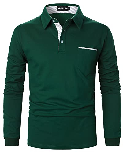 APAELEA Men's Long Sleeve Polo Shirt Casual Rugby Shirts with Plaid Down Collar,Green,XL