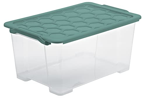 Rotho Evo Safe Keeping Evo safe keeping Aufbewahrungsbox 44l mit Deckel, lebensmittelechter Kunststoff (PP) BPA-frei, transparent/türkis, 44l (59.0 x 39.5 x 28.0 cm)
