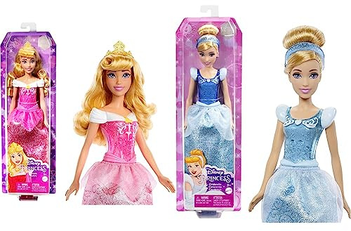 Disney Princess Aurora Muñeca Princesa película La Bella Durmiente, Juguete +3 años (Mattel HLW09) & Princess Cenicienta Muñeca Princesa con Pelo Rubio recogido, Juguete +3 años (Mattel HLW06)