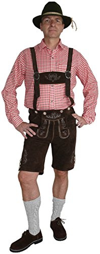 Harrys-Collection Trachtenlederhose Herren kurz mit Hosenträger - Klassische Lederhose für Oktoberfest & Freizeit - Echtes Leder mit Stickerei & Gürtel - Gr. 46-62, Größe:48, Farben:Dunkelbraun