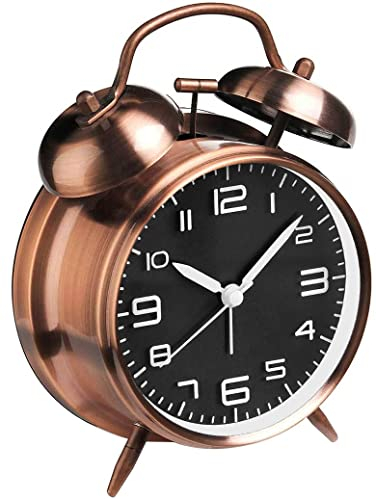 Lesipee 10,2 cm analoge Uhr mit zwei Glocken, batteriebetriebener Wecker, lauter Alarm für schwere Schläfer, altmodischer Wecker für Schlafzimmer (braun)